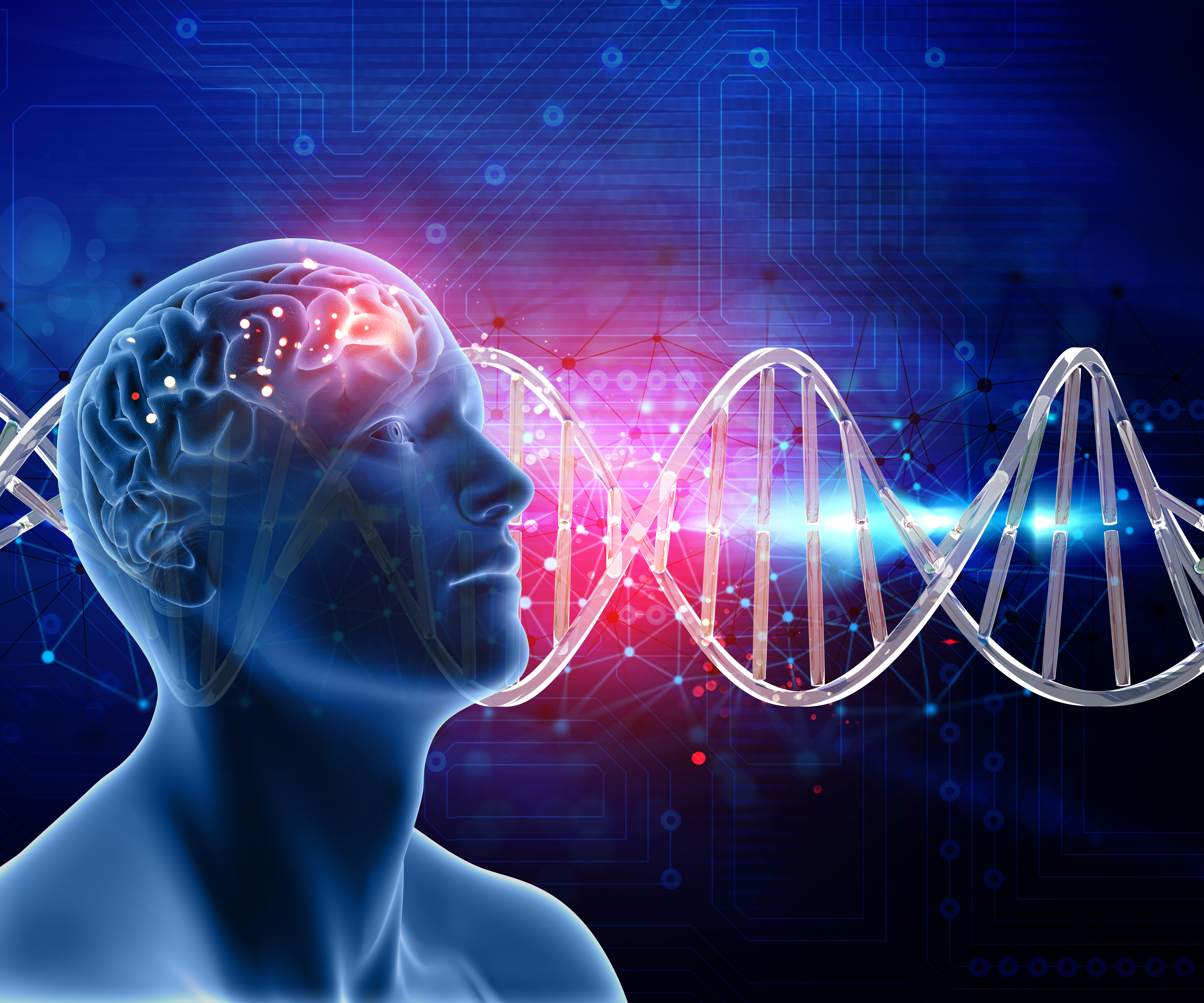 3d medical background with male head and brain on dna strands